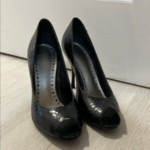 Elegant Black Snake Print Patent Leather Stiletto Heels